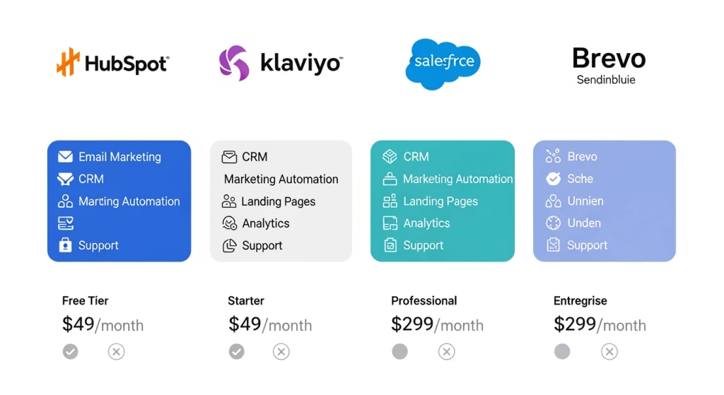 Comparação das melhores plataformas de automação de marketing com IA para PMEs, incluindo HubSpot, Klaviyo, Salesforce e Brevo