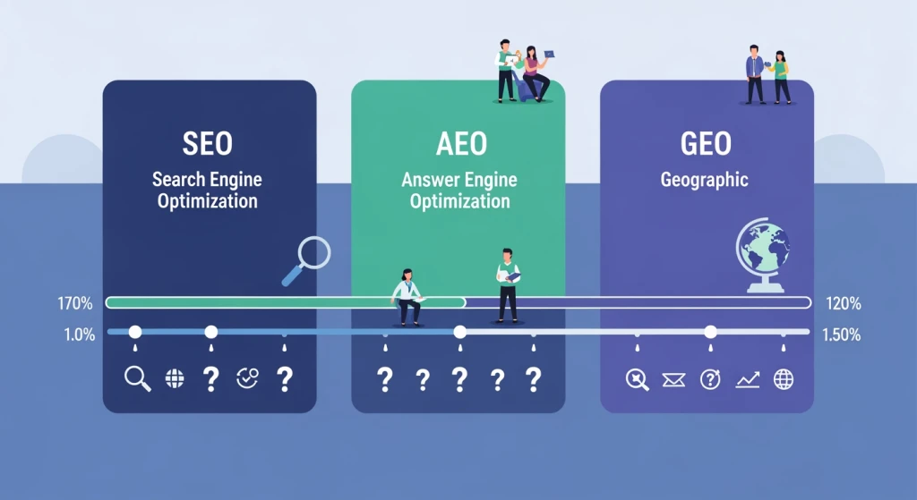 Visualização de tabela de comparação para linhas de tempo e sinais de sucesso de métricas de SEO AEO e GEO