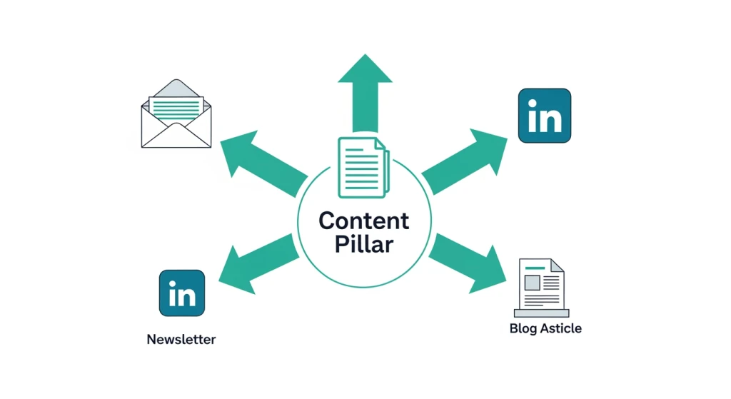 Comunicação de marca consistente entre canais de marketing digital ilustrada como um pilar central de conteúdo distribuindo para e-mail, redes sociais e blog