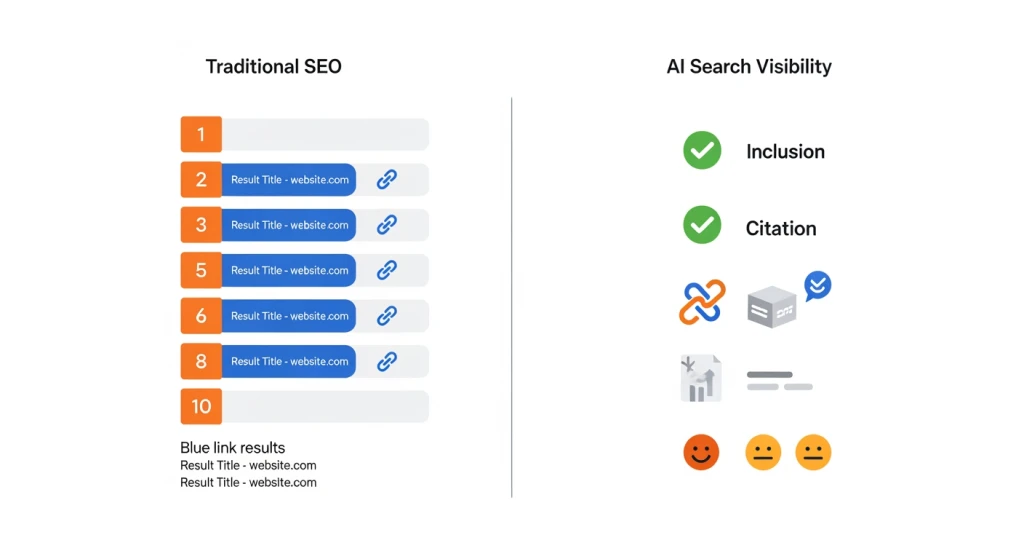 Diagrama comparando classificações tradicionais de palavras-chave de SEO versus métricas de visibilidade de pesquisa de IA, incluindo inclusão, citação e sentimento de marca