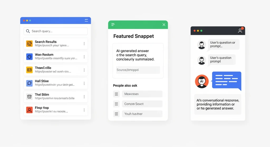 Diagrama que ilustra a diferença entre classificações de pesquisa SEO, snippets em destaque AEO e citações de chatbot GEO AI