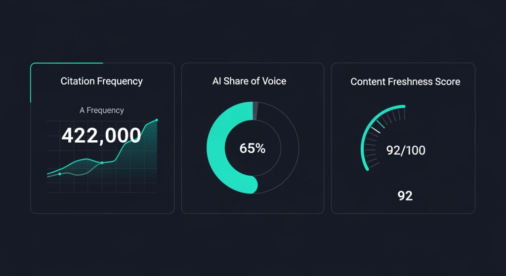 Painel de KPIs GEO mostrando a frequência de citações, a participação da voz da IA e as métricas de atualização de conteúdo