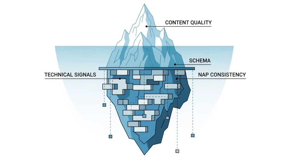 Diagrama de iceberg mostrando a base técnica de SEO abaixo da qualidade do conteúdo para visibilidade do ChatGPT