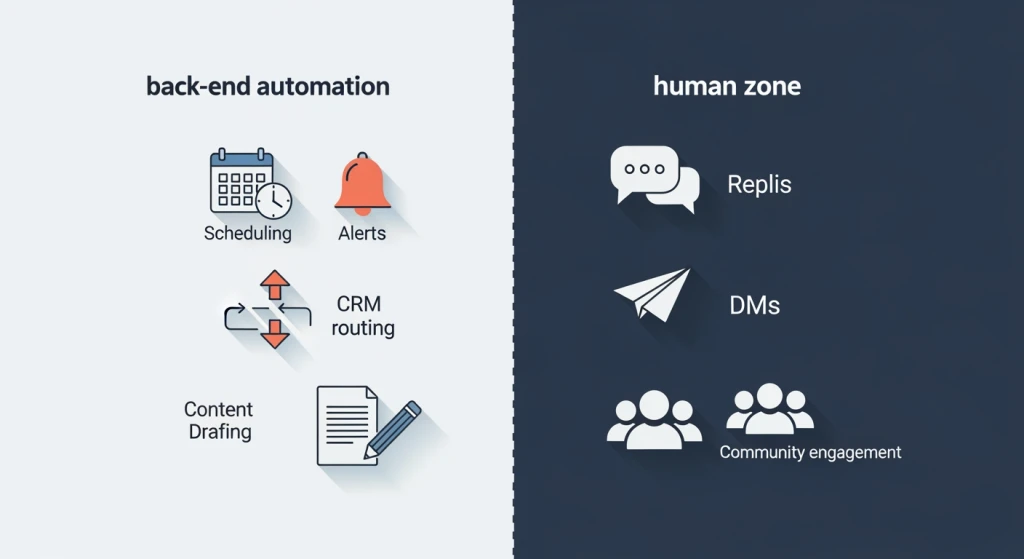 Estrutura de automação seletiva de mídia social que divide a logística de back-end das interações humanas de front-end