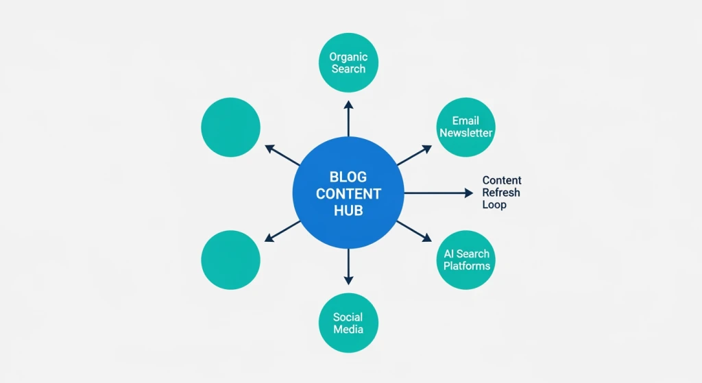 Diagrama de estratégia de diversificação de tráfego SEO mostrando busca orgânica, e-mail, redes sociais e canais de busca por IA