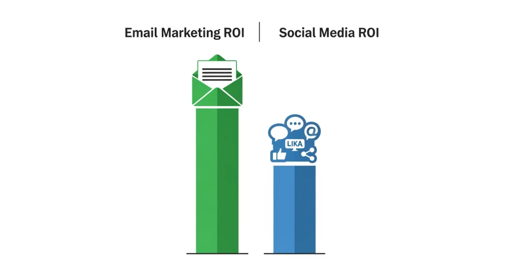Comparação de canais de marketing de pequenas empresas mostrando o ROI de e-mail versus o ROI de mídia social para pequenas empresas