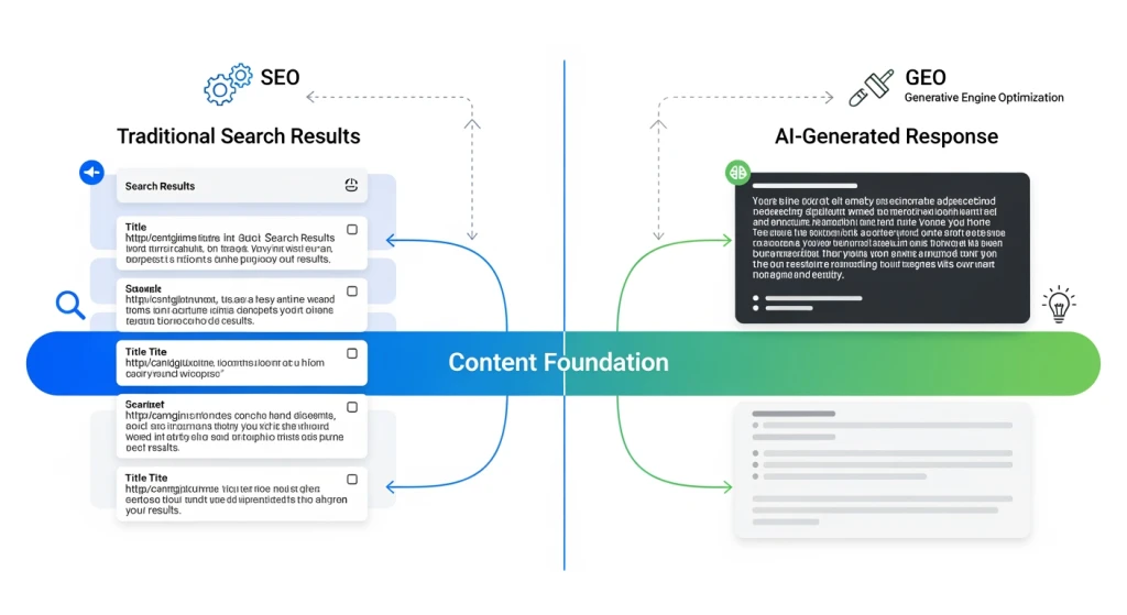 Comparação visual mostrando SEO e GEO como canais complementares em vez de estratégias concorrentes