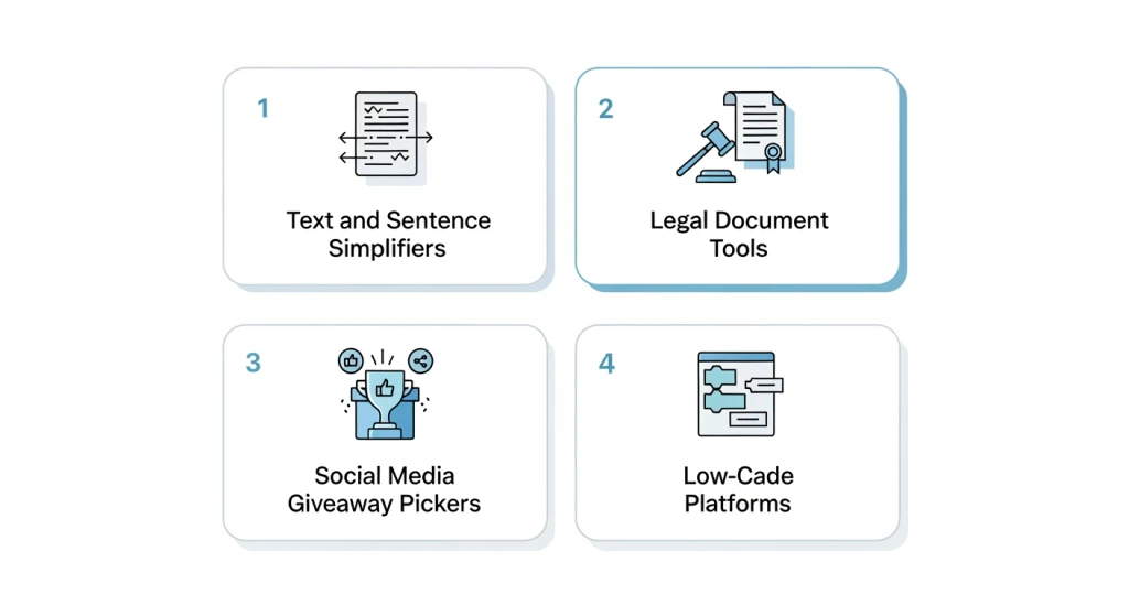 Quatro categorias de simplificadores ilustradas: simplificadores de texto, ferramentas de documentos jurídicos, selecionadores de brindes e plataformas de baixo código