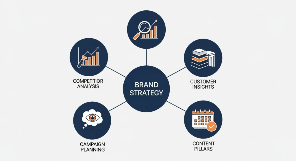 Planejamento de estratégia de marketing com a Claude AI mostrando análise da concorrência e insights sobre a voz do cliente