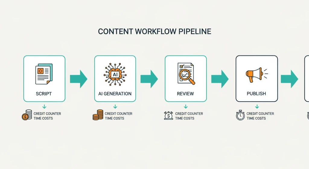 Diagrama de integração do fluxo de trabalho mostrando como os geradores de vídeo com IA se encaixam em um pipeline de produção de conteúdo