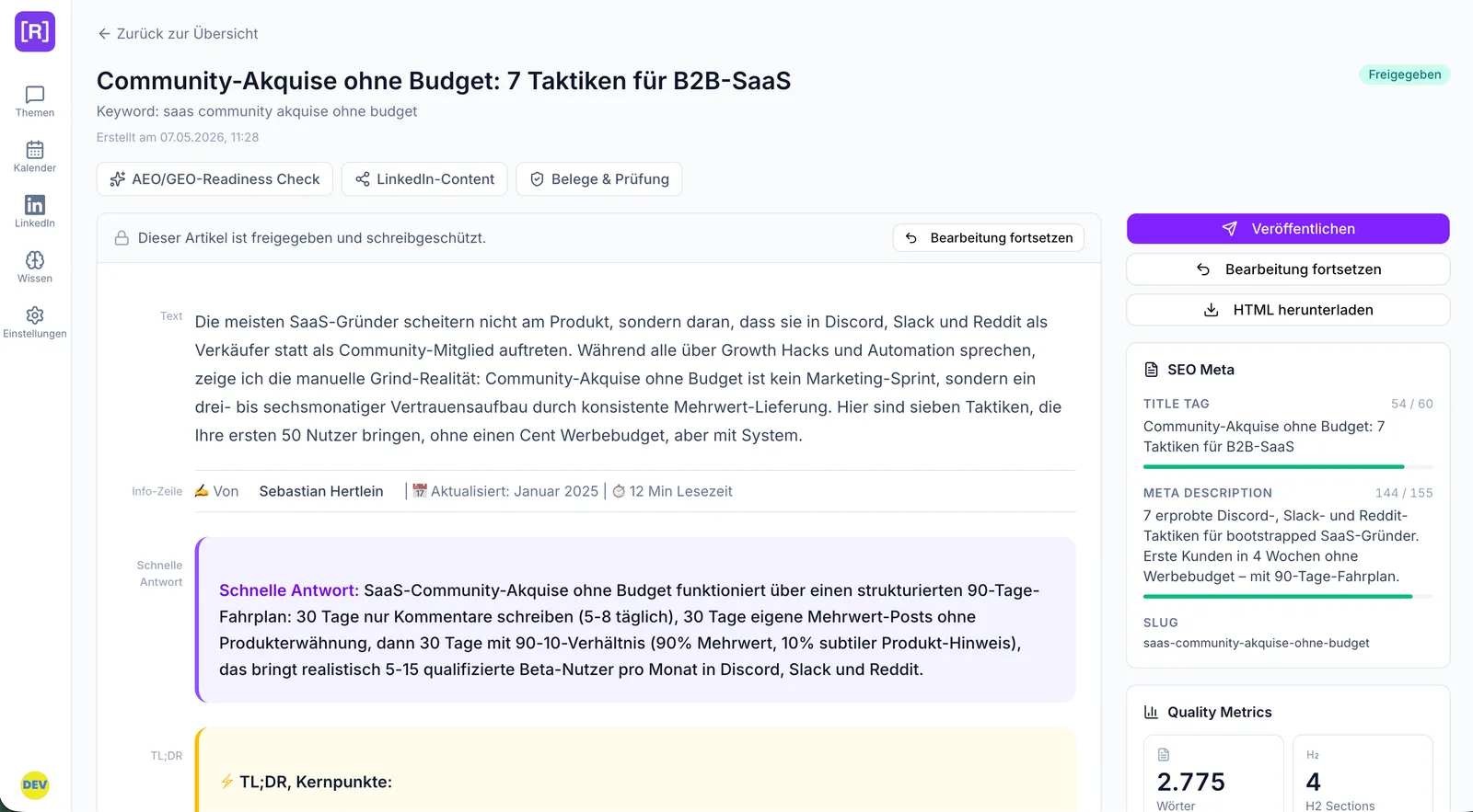 Um artigo técnico finalizado e otimizado para SEO no editor da AI Redaktion